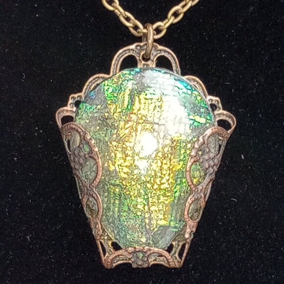 Handmade Jewelry - 18" Necklace and Iridescent Pendant.  Green Orange Yellow Red Blue Bronze Resin